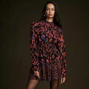 FARM Rio Medium Black Iridescent Leopard Print Mini Dress Long Sleeves NWT